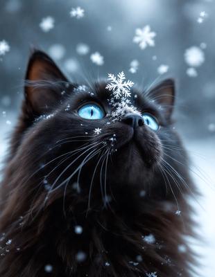 The primary subject of the image is a black cat with blue eyes. The cat is looking up at the camera, and it appears to be snowing. The setting is outdoors, with a snowy background. The visual style is a photo, capturing the cat's unique features and the snowy environment. The colors and mood of the image are predominantly black and white, with a touch of snowy white, creating a calm and serene atmosphere.